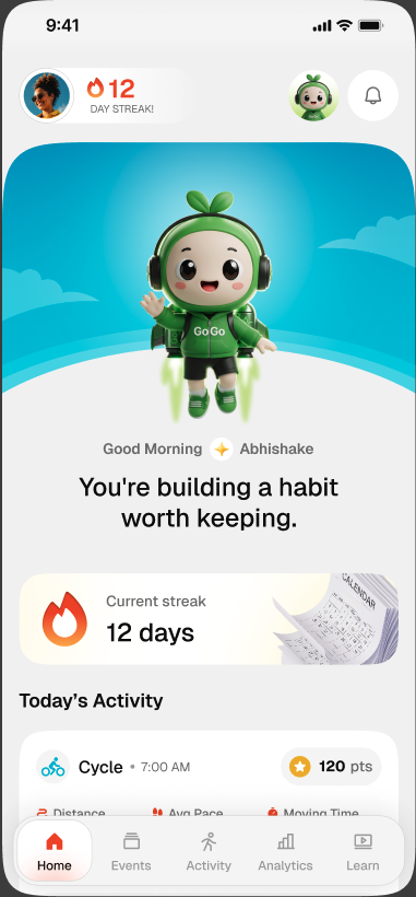HDOR app home showing GoGo and a 12-day streak