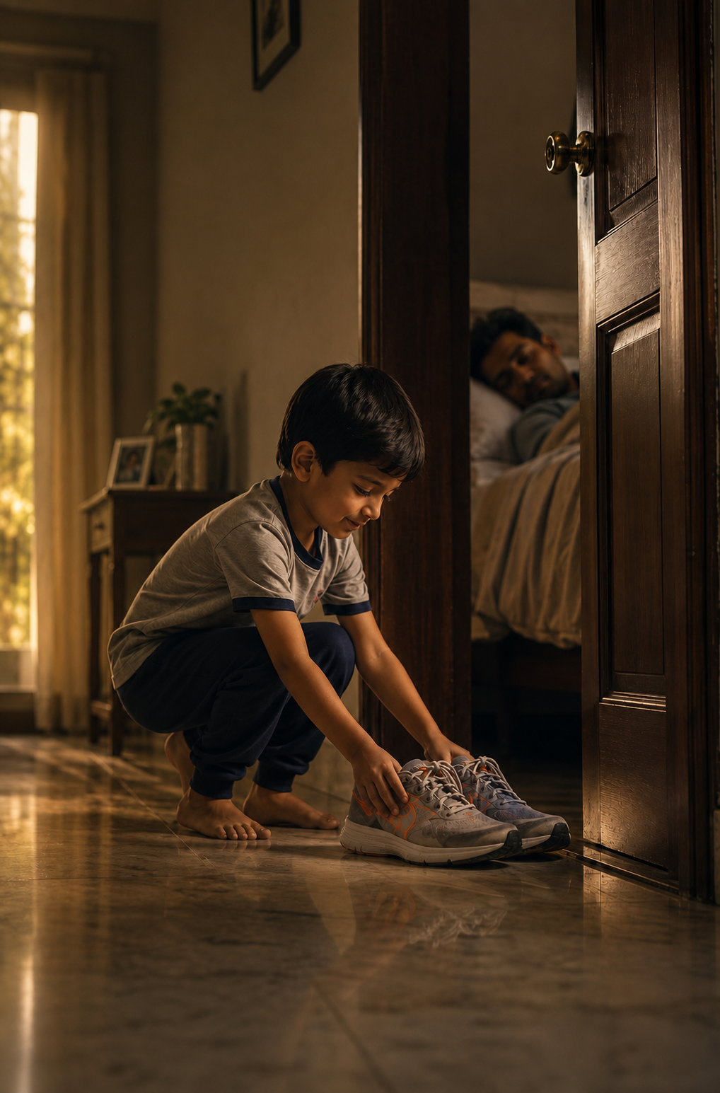 A child placing running shoes beside his sleeping father