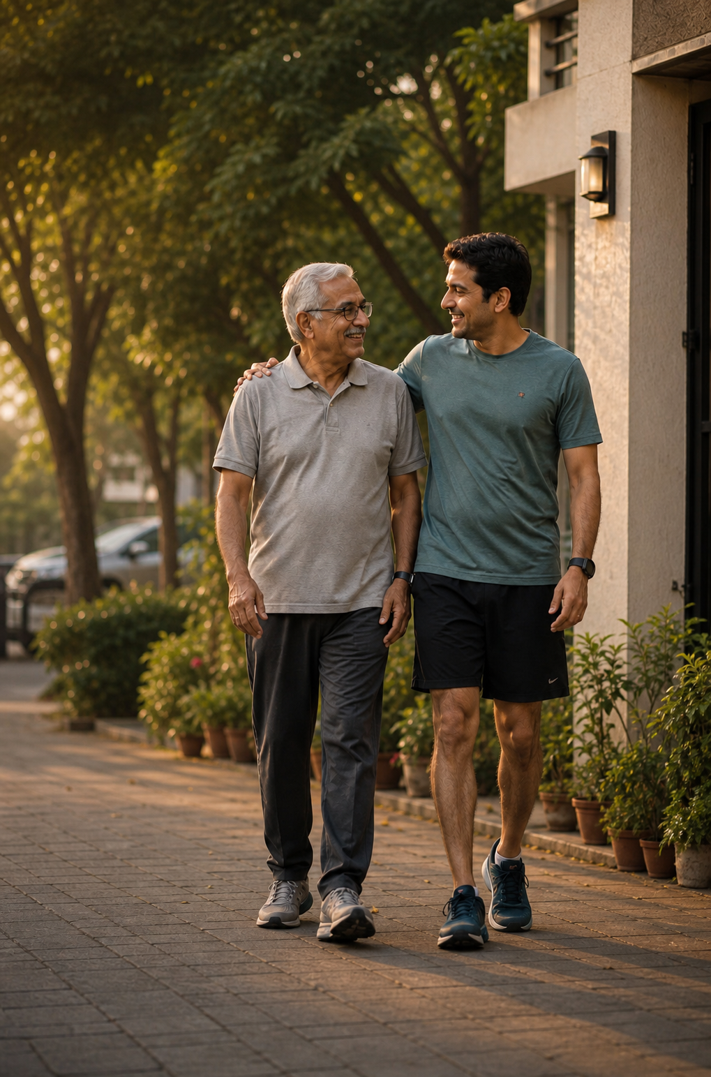 A father and adult son walking together