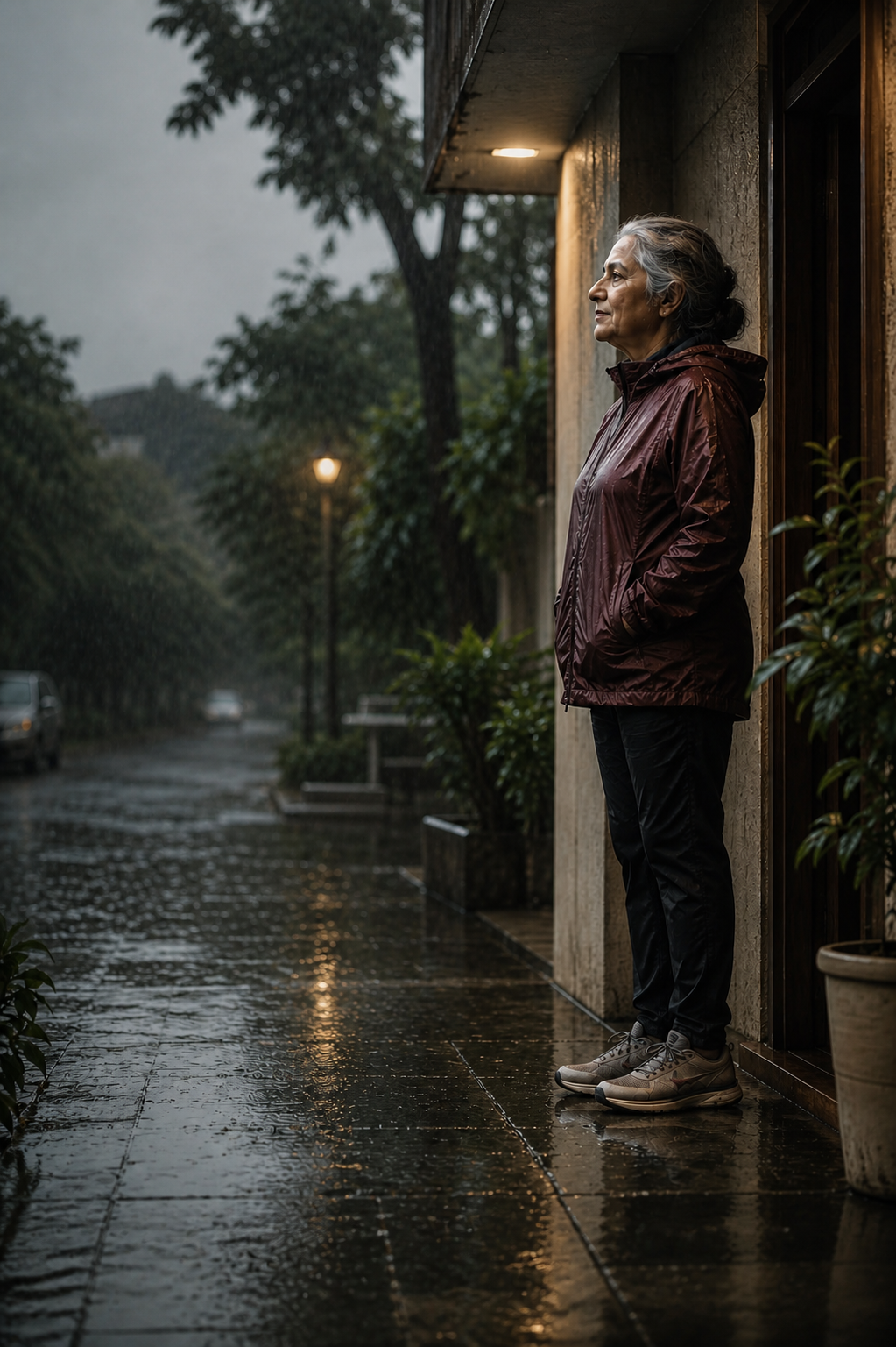 An older woman ready to walk despite the rain