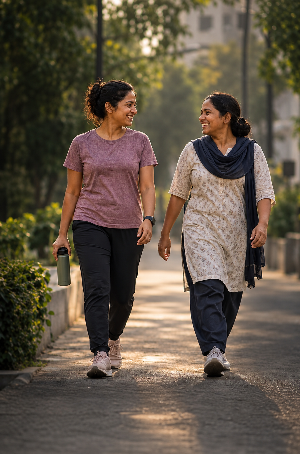 Two women beginning a walk together in their neighbourhood